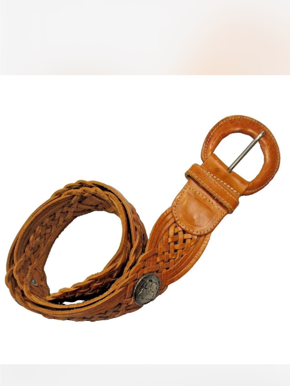 Vintage Tan Braided Leather Belt with Round Buckle